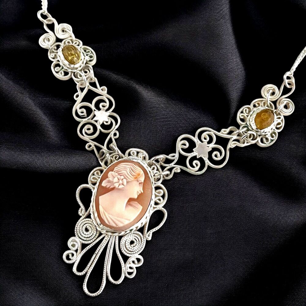 Vintage 1950s Italian Shell Cameo Necklace Victorian Revival Filigree - 9H6